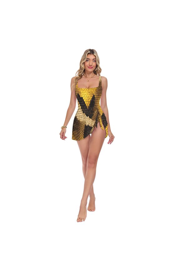 Womens Yellow Python Pattern Print 2-in-1 Swim Dress Detachable Skirt One-Piece Swimsuit Square Neck S-XXL