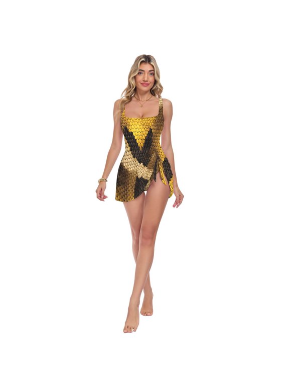 Womens Yellow Python Pattern Print 2-in-1 Swim Dress Detachable Skirt One-Piece Swimsuit Square Neck S-XXL