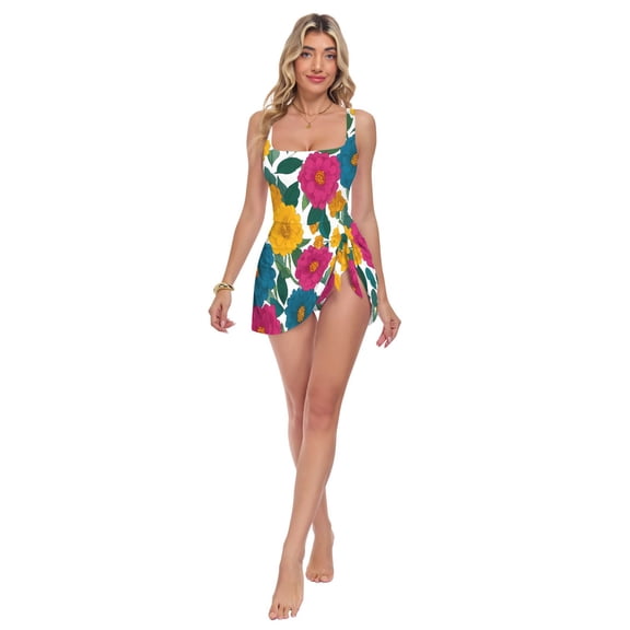 Womens Yellow Red Blue Flowers Pattern Print 2-in-1 Swim Dress Detachable Skirt One-Piece Swimsuit Square Neck S-XXL