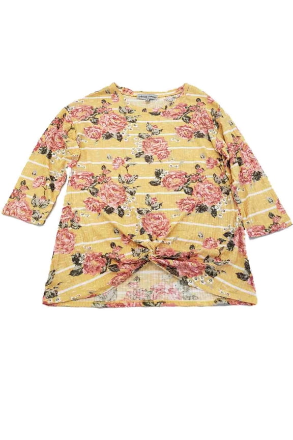 Womens Yellow & Red Rose Flower Stripe Print Ribbed Stretch Shirt Top Blouse 2X