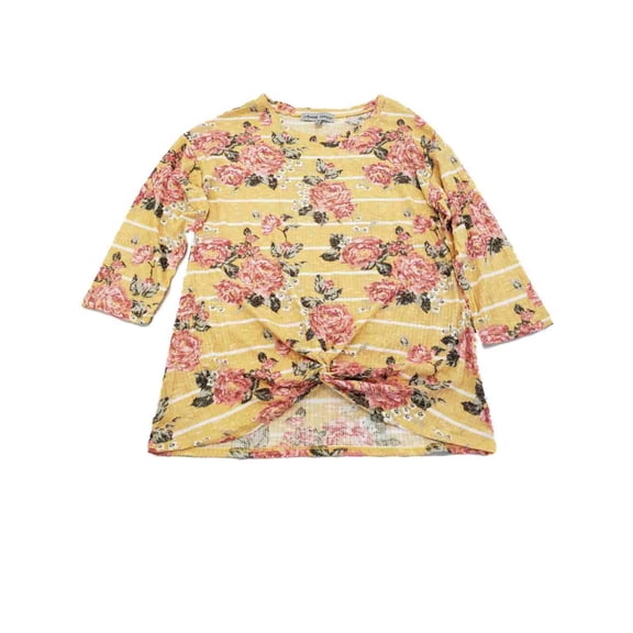 Womens Yellow & Red Rose Flower Stripe Print Ribbed Stretch Shirt Top Blouse 3X