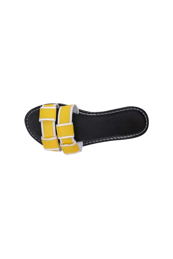 Womens Yellow Slide Sandals, Flat Two-Strap Slip On Casual Sandals with Cushioned Comfort for Everyday Walking & Summer,Size 5.5