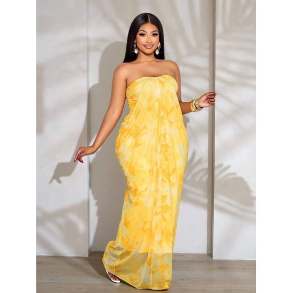 Womens Yellow Strapless Maxi Dress With Ruched Detail And Flowy Linen-Like Fabric