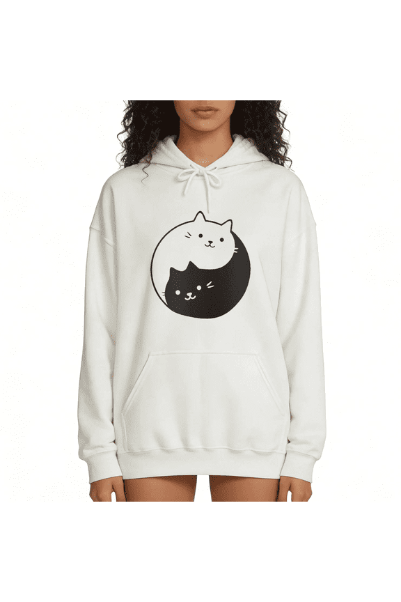 Womens Yin Yang Cat Print Hoodie Oversized White Cute Kawaii Pet Lover Gift Cozy Casual Daily Wear Pullover Sweatshirt S-2XL
