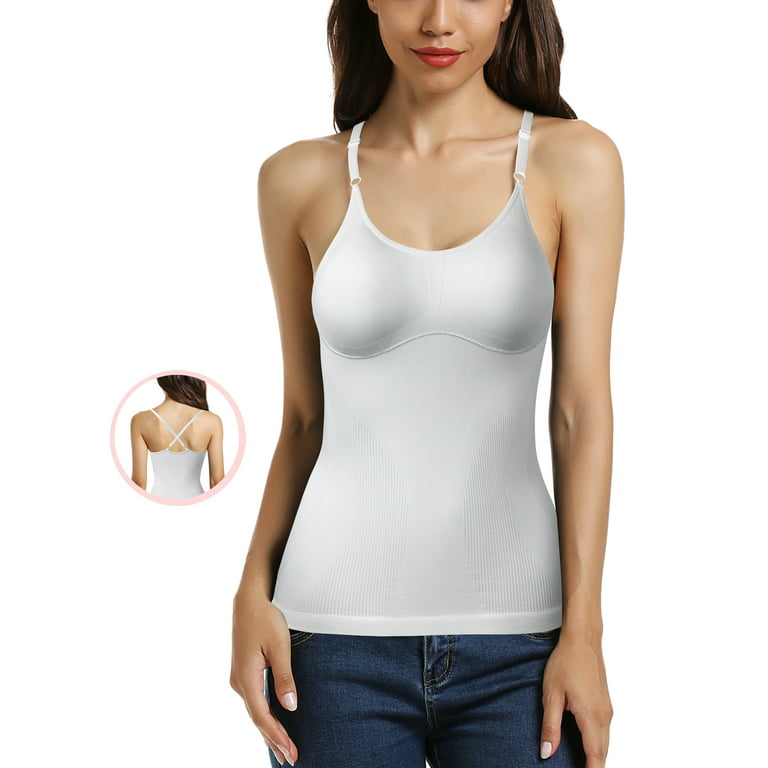 Womens Yoga Camisole Spaghetti Strap Sleeveless Cami with Built-in Bra  Compression Tummy Control Tank Top