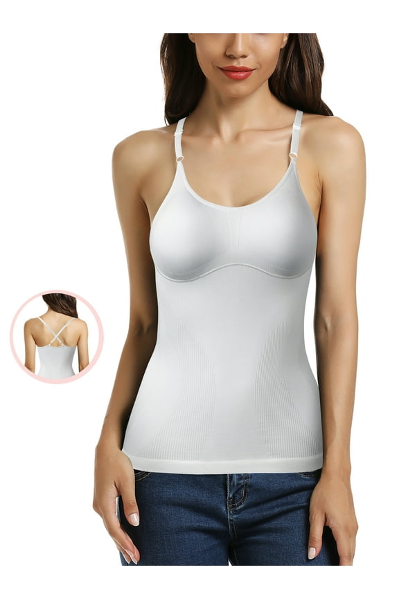 Womens Yoga Camisole Spaghetti Strap Sleeveless Cami with Built-in Bra Compression Tummy Control Tank Top