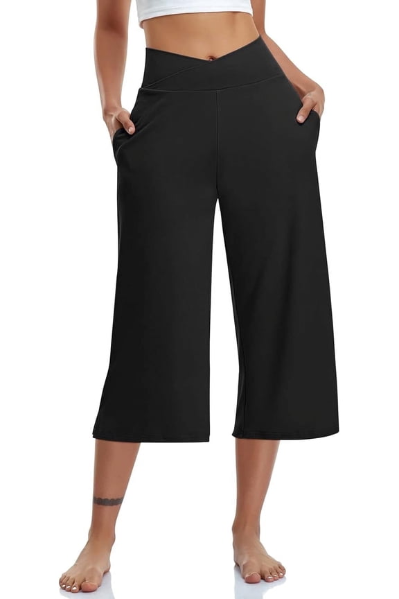 Womens Capri Pants Wide Leg Yoga Sweatpants High Waist Workout Work Dress Pant, Flare Leggings with Pockets for Summer Black (Available in Plus Size)