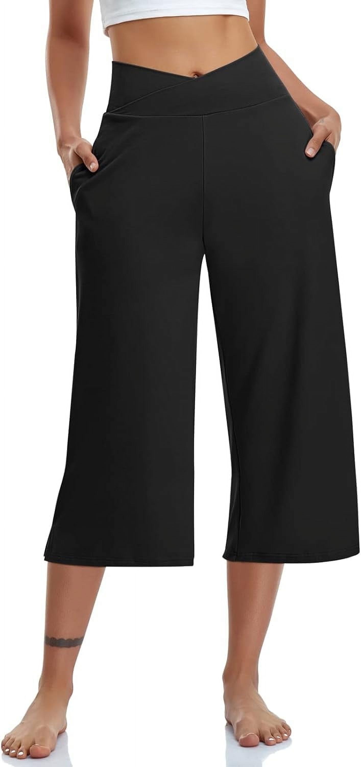 Womens Yoga Capri Pants,Wide Leg Dress Capris Pant, Loose Lightweight Sweatpants,Crossover High Waist Stretchy Knee Workout Pant, Flare Leggings with Pockets for Summer Black (Available in Plus Size)