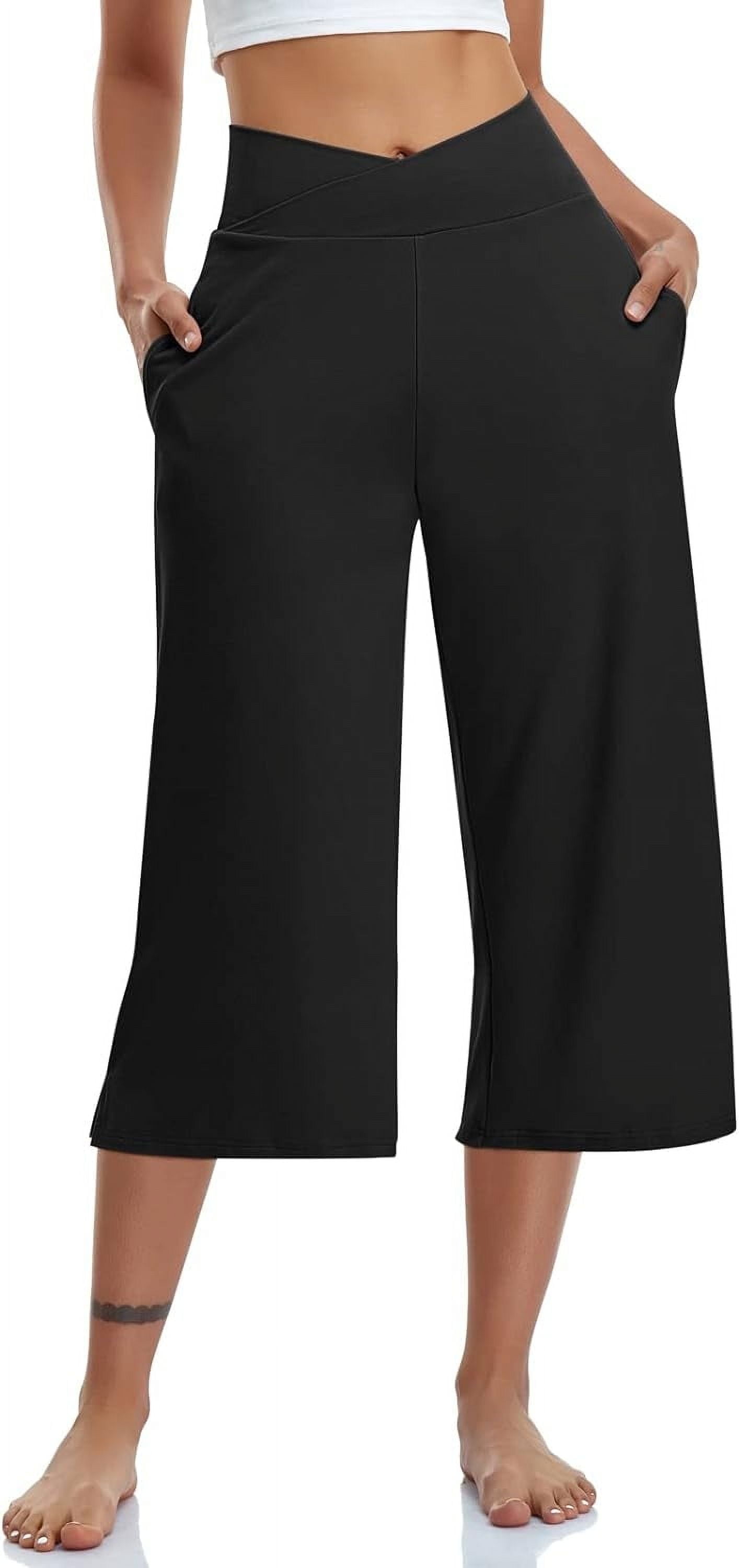 Womens Capri Pants Wide Leg Yoga Gym Sweatpants Loose Crossover High Waist Workout Work Dress Pant, Flare Leggings with Pockets for Summer Black (Available in Plus Size)