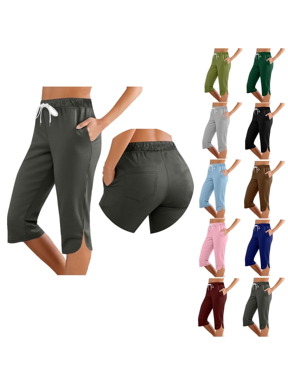 Womens Yoga Capri Pants Workout split hem pants casual Pajama Capri trousers with Pockets