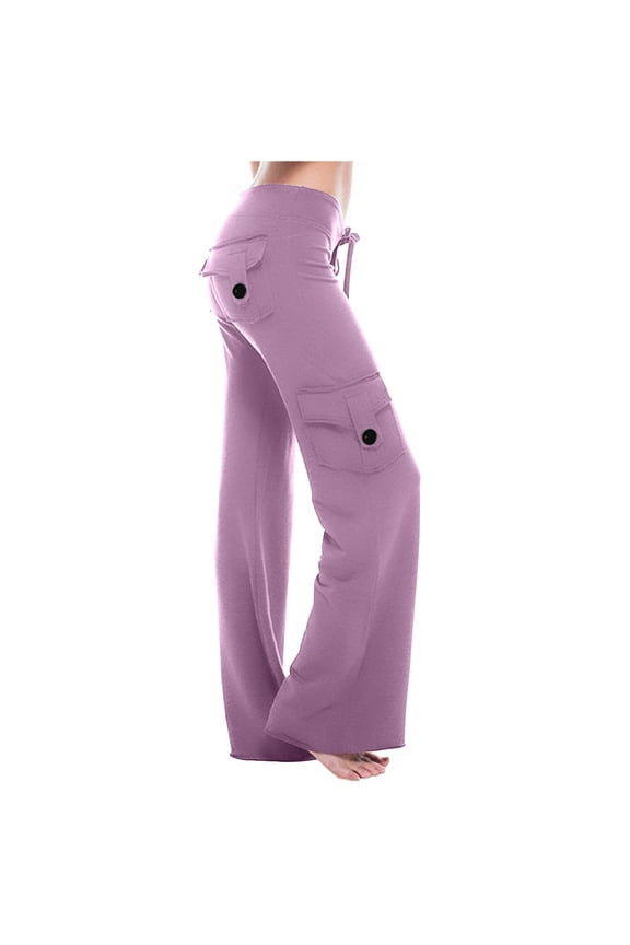 Womens Yoga Cargo Pants Wide Leg Workout Leggings Stretch Drawstring Flare Yoga Trousers with Pockets Purple XS