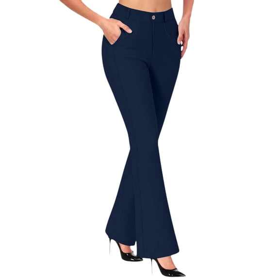Womens Yoga Dress Pants Casual Straight Leg Work Slacks Bootcut Stretchy Elastic High Waisted Trousers with Pockets Pull On,Breathable Lightweight,4-Way Stretch,Plus Size Business Clothes Dark Blue
