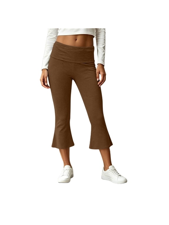 Womens Yoga Pants Capri High Waist Flare Leg Cropped Workout Pants Bootcut Soft Stretch for Pilates Summer Casual Wear,Brown,S