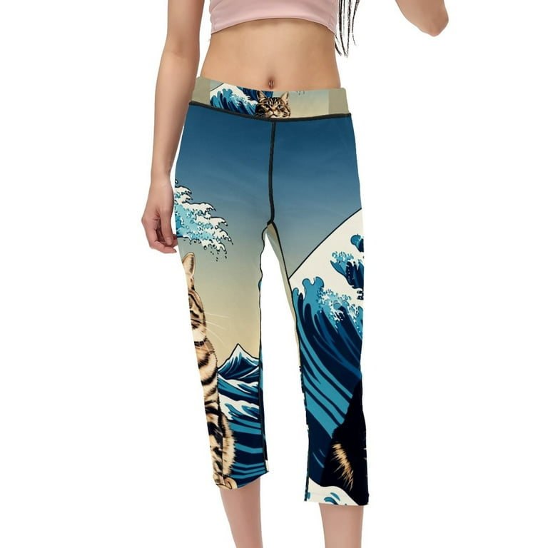 Womens Yoga Pants Capri Leggings for Women Tummy Control Workout Leggings Compression Capris Pants Japanese Cartoon Animal Cat and Ocean Wave Funny Walmart