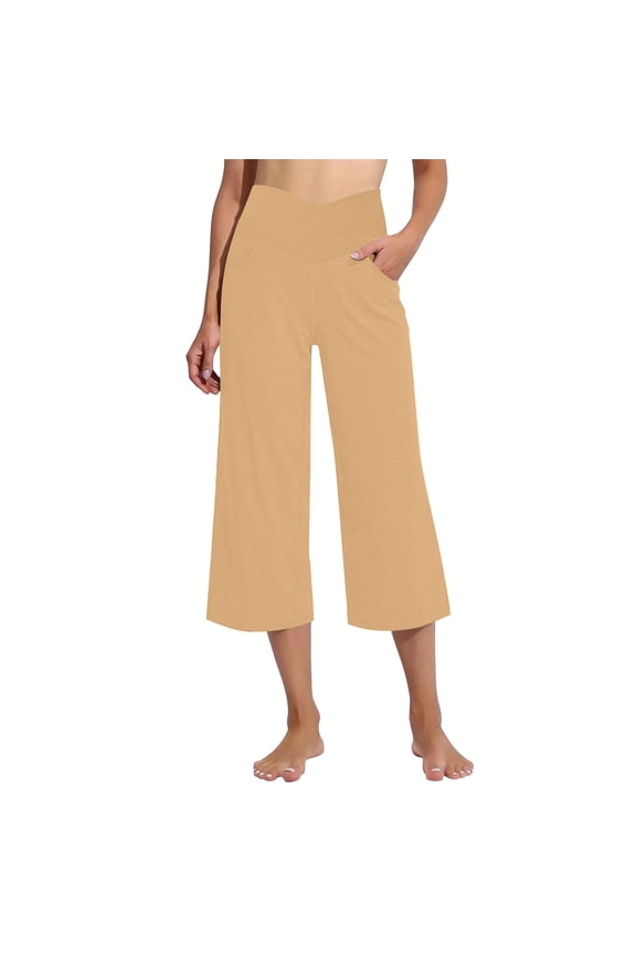 Womens Yoga Pants Capris Wide Leg Stretch Fit Cross Waist Palazzo Pants Wide Leg Gym Running Workout Bottom with Pockets