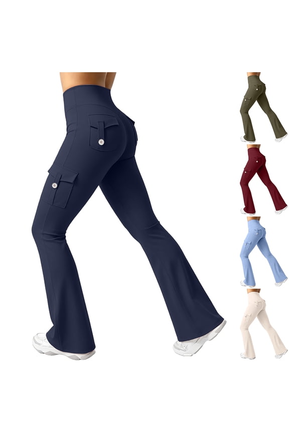 Womens Yoga Pants Flare Leggings with Cargo Pockets Scrunch Butt Lifting High Waist Tummy Control Gym Workout Bootcut Navy L
