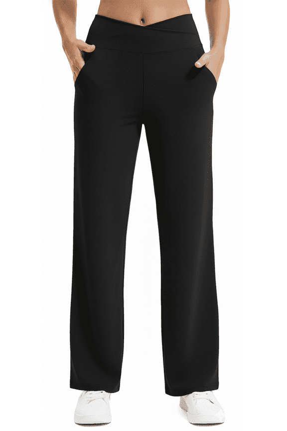 Womens Yoga Pants Wide Leg Pants Work Lounge Pants Crossover High Waisted Loose Casual with Pockets