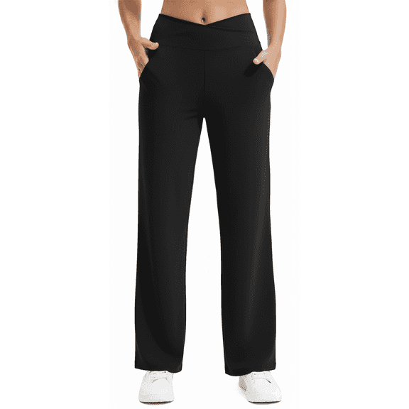 Womens Yoga Pants Wide Leg Pants Work Lounge Pants Crossover High Waisted Loose Casual with Pockets