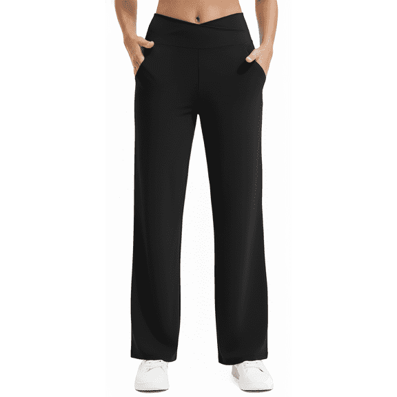 Womens Yoga Pants Wide Leg Pants Work Lounge Pants Crossover High Waisted Loose Casual with Pockets