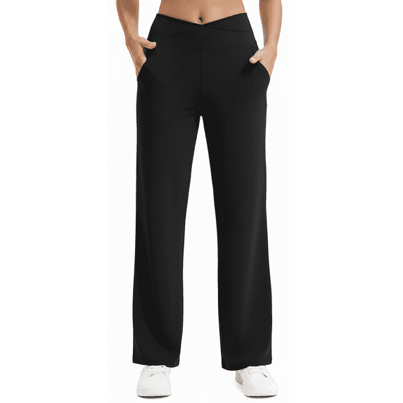 Womens Yoga Pants Wide Leg Pants Work Lounge Pants Crossover High Waisted Loose Casual with Pockets