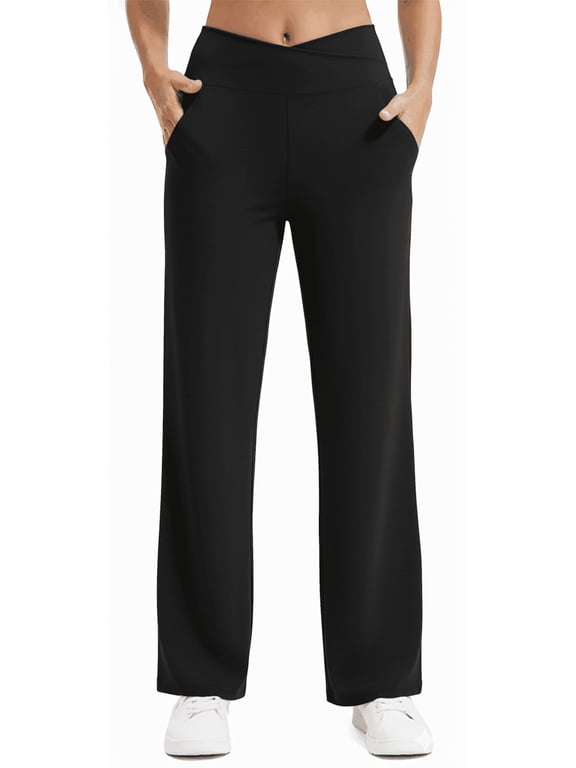 Womens Yoga Pants Wide Leg Pants Work Lounge Pants Crossover High Waisted Loose Casual with Pockets
