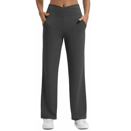 Womens Yoga Pants Wide Leg Pants Work Lounge Pants Crossover High Waisted Loose Casual with Pockets Grey
