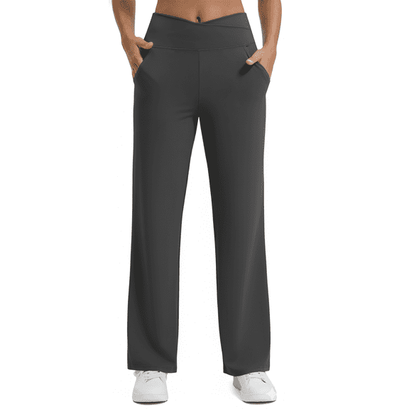 Womens Yoga Pants Wide Leg Pants Work Lounge Pants Crossover High Waisted Loose Casual with Pockets Grey