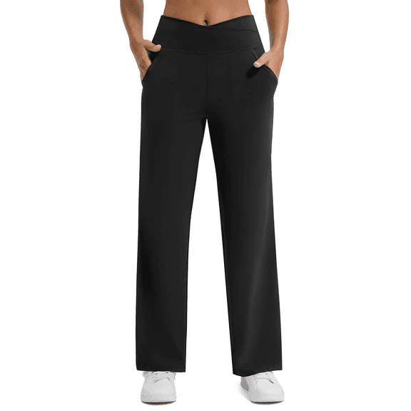Womens Yoga Pants Wide Leg Pants Work Lounge Pants Crossover High Waisted Loose Casual with Pockets