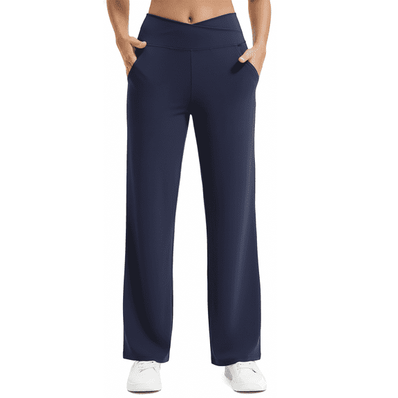 Womens Yoga Pants Wide Leg Pants Work Lounge Pants Crossover High Waisted Loose Casual with Pockets Navy Blue