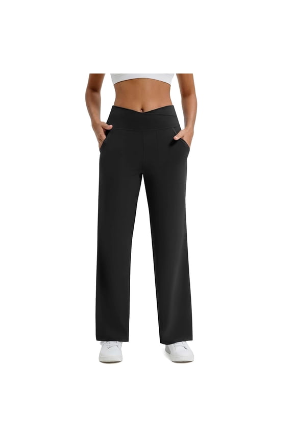 Womens Yoga Pants Wide Leg Pants Work Lounge Pants Crossover High Waisted Loose Casual with Pockets