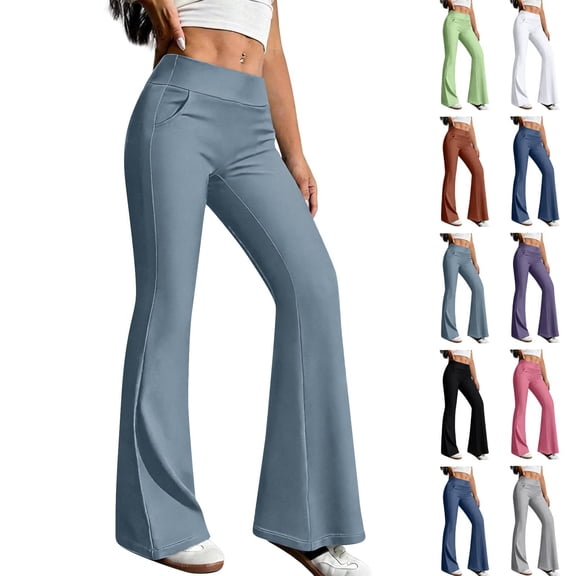 Womens Yoga Pants with Pockets No Front Seam High Waisted Flare Leggings Bell Bottom Yoga Dress Pants Seamless Bootcut Pants Blue S