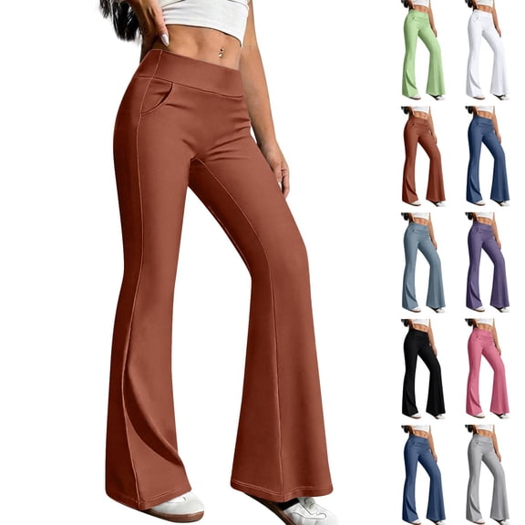 Womens Yoga Pants with Pockets No Front Seam High Waisted Flare Leggings Bell Bottom Yoga Dress Pants Seamless Bootcut Pants Brown S