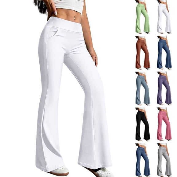 Womens Yoga Pants with Pockets No Front Seam High Waisted Flare Leggings Bell Bottom Yoga Dress Pants Seamless Bootcut Pants White L