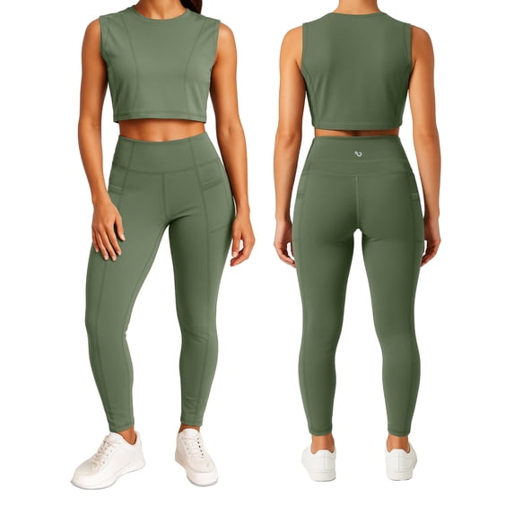 Womens Yoga Set 2 Piece Workout High Waist Leggings Crop Top Activewear Outfit Sage Green-XL