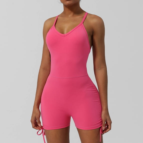 Womens Yoga Short Jumpsuits Sleeveless Summer Rompers for Women Slim Stretchy Side Drawstring Casual Shorts