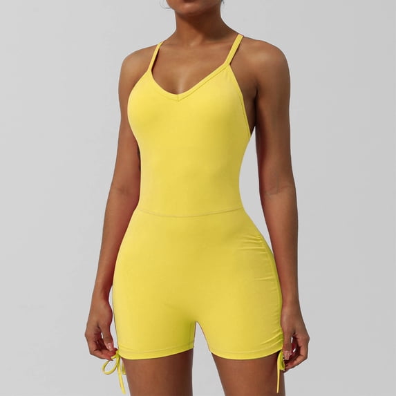 Womens Yoga Short Jumpsuits Sleeveless Summer Rompers for Women Slim Stretchy Side Drawstring Casual Shorts