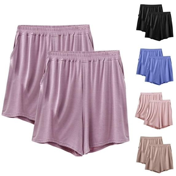 Womens Yoga Shorts 2PC Women's Summer Elastic Waist Thin Quarter Shorts Color Thin Style Casual Pajamas Loose Size Home Pants,A-Black XL