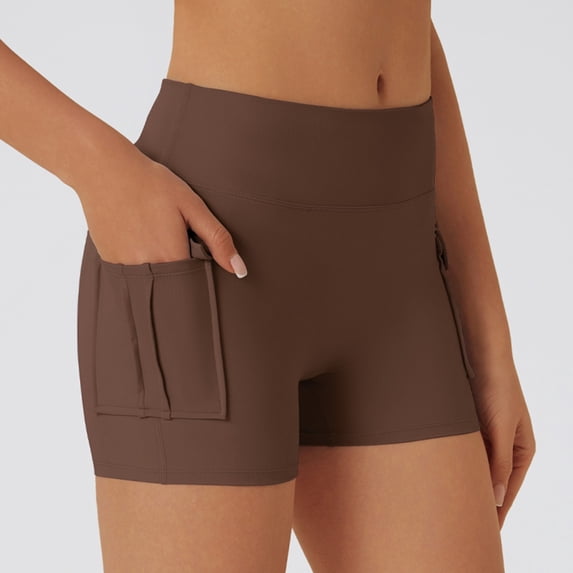 Womens Yoga Shorts Pocket High Waist Lifting Stretchy Slim Fit Solid Print Lightweight Gym Shorts for Workout Wear Coffee L