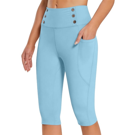 Womens Yoga Shorts Slimming High Waist Knee Length Biker Athletic Shorts Blue 2XL