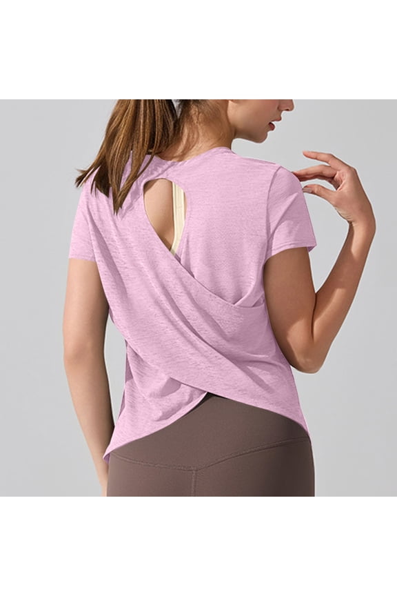 Womens Yoga Tops Short Sleeve Crew Neck T-Shirts Cross-Back Hollow Out Backless Quick-Dry Tees for Workout Gifts for Mom