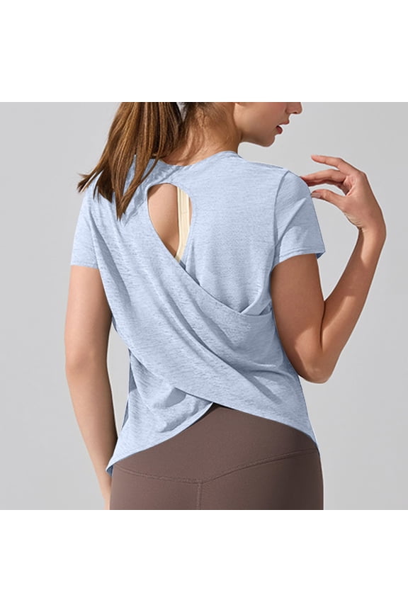 Womens Yoga Tops Short Sleeve Crew Neck T-Shirts Cross-Back Hollow Out Backless Quick-Dry Tees for Workout Gifts for Mom