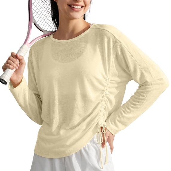 Womens Yoga Workout Tops Drawstring Ruched Quick Dry Shirts Pullover Light Weight Athletic Tshirts Coverups Yellow L