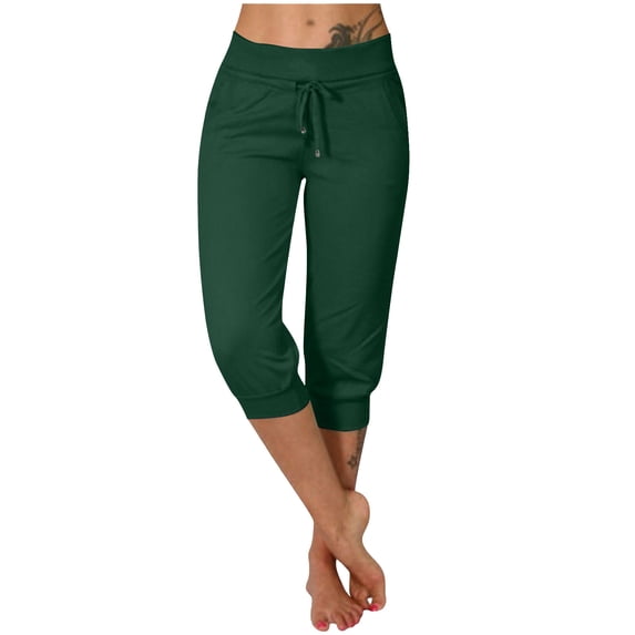 Womens Yoga pants With Pockets Casual Tight High Waisted Drawstring Button Cropped Summer Capris Yoga Pants — Dark Green∣XL