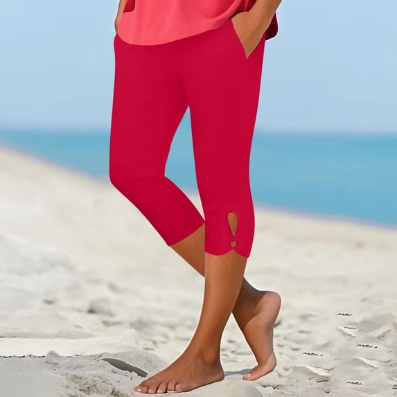 Womens Yoga pants With Pockets High Waisted Solid Color Capris Matching Slim Fitting Workout Pants — Watermelon Red∣M