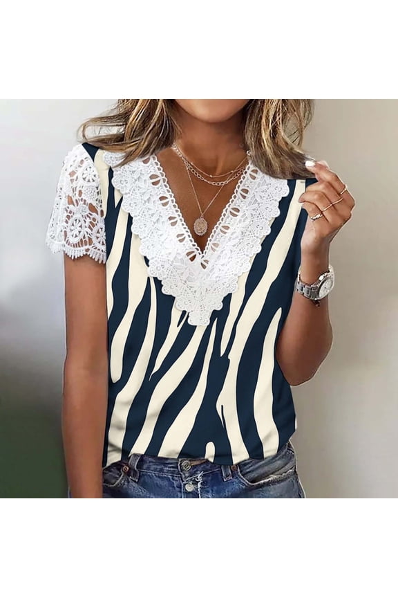 Womens Zebra Print Lace Trim V-Neck Top Short Sleeve Blouse Casual Boho Chic Summer Tops,Size M