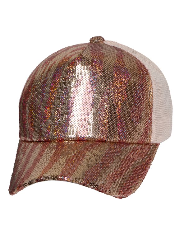 Womens Zebra Print Metallic Sequin Contrast Two-tone Baseball Fashion Cap, Pink