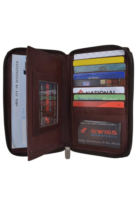 Womens Zip Around Genuine Leather Checkbook Credit Card ID Holder Wallet Brown