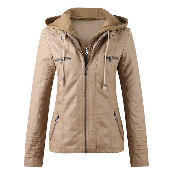 Womens Zip Belt Slim Coat, Motorcycle Style Leather Jacket, Stand Collar
