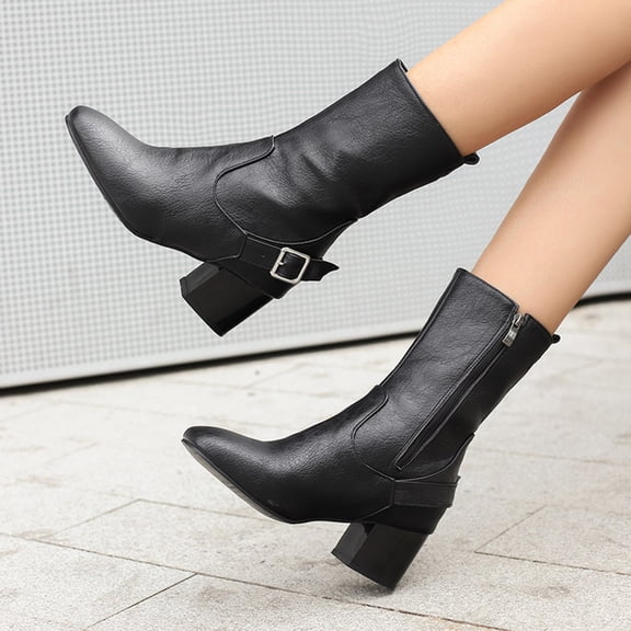 Womens Zip Fashion Round Toe Party Solid Low Heel Ankle High Boots 2.17 Inch