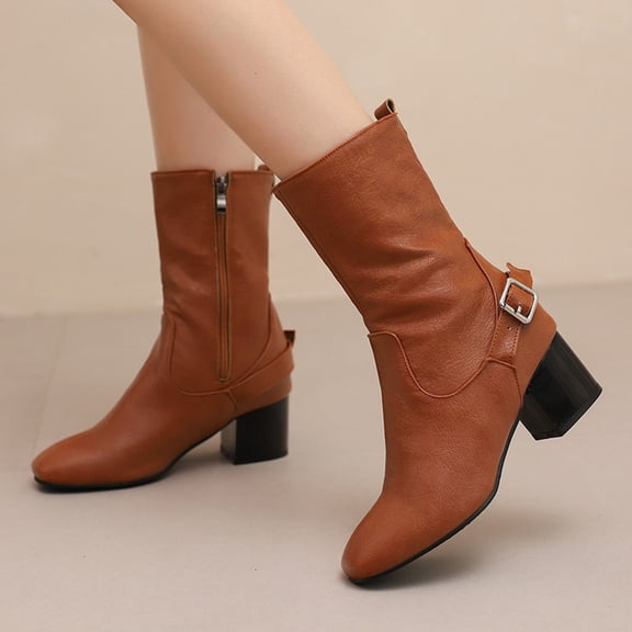 Womens Zip Fashion Round Toe Party Solid Low Heel Ankle High Boots 2.17 Inch